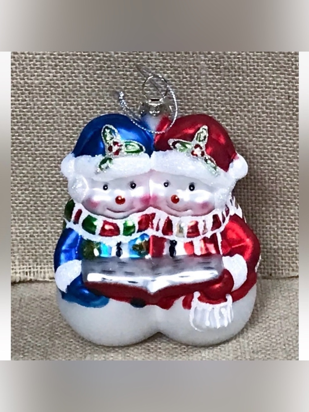 Snowman Glass Ornament Christmas Caroling St Nicholas Square Whimsical Fun Twee